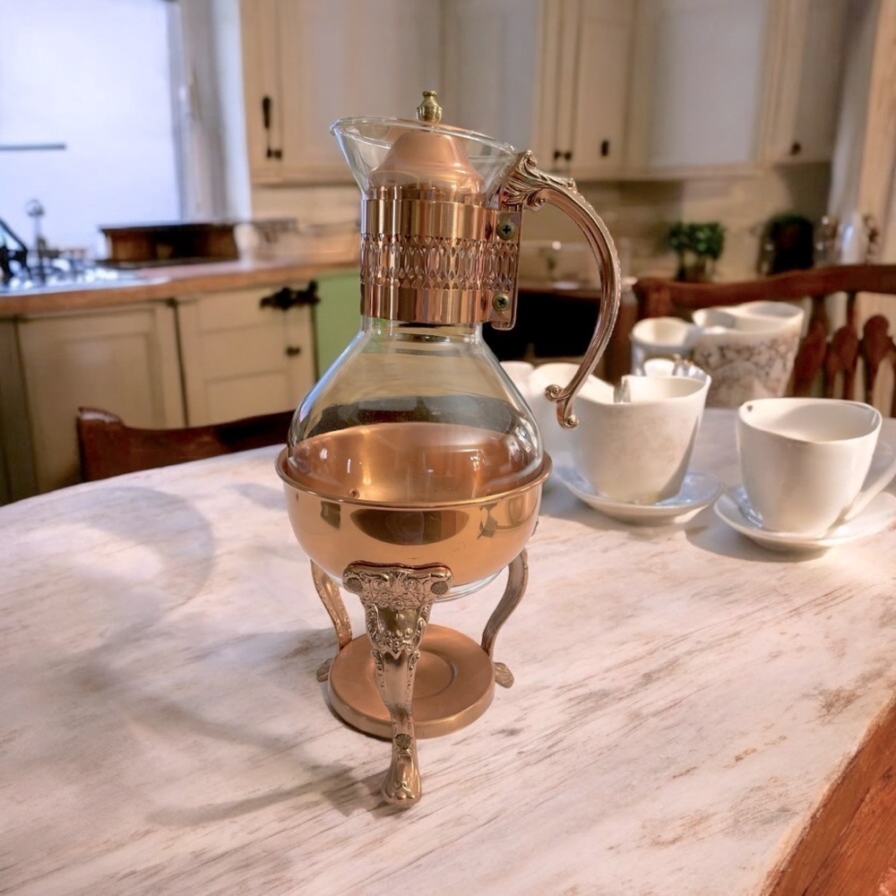 Vintage Princess House Copper Coffee Tea Pot Carafe & Warming Stand Set 14" Tall